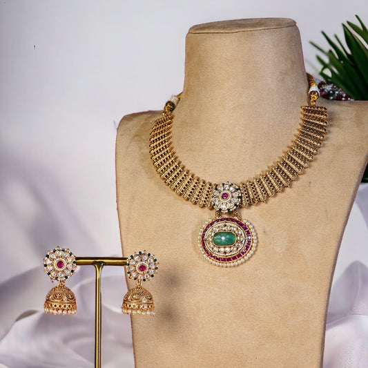 Gold plated kundan necklace set with kundan earrings by arkie