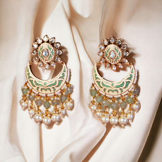 Meenakari Mint Green Chandbali Earrings